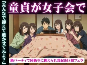 同級生で集まった鍋パーティ!そこで童貞を告白したら全員に抑えられてフェラされて秒イキ 今夜のオカズに!!